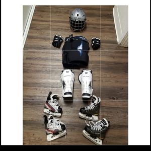 Ice Hockey Mixed Bundle Helmet Gloves Shorts Shin Pads And 2 Ice Skates